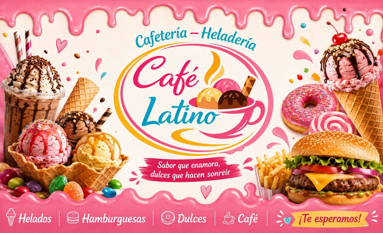Cartel original de Café Latino con su identidad rosa y turquesa y su selección de helados, hamburguesas, dulces y café.