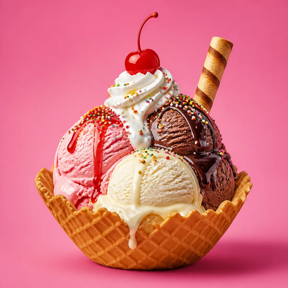 Ilustración publicitaria de una copa de barquillo con helado, chocolate, una cereza y virutas de colores sobre fondo rosa.
